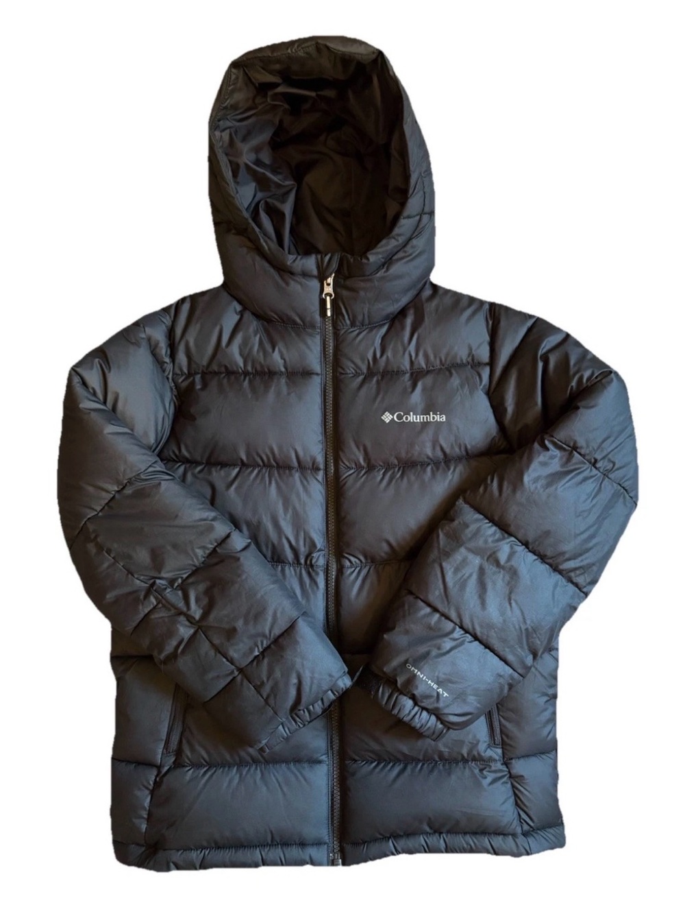 Columbia Youth Puffer Jacket Medium 10/12 Black Omni-Heat Insulated Hooded Coat